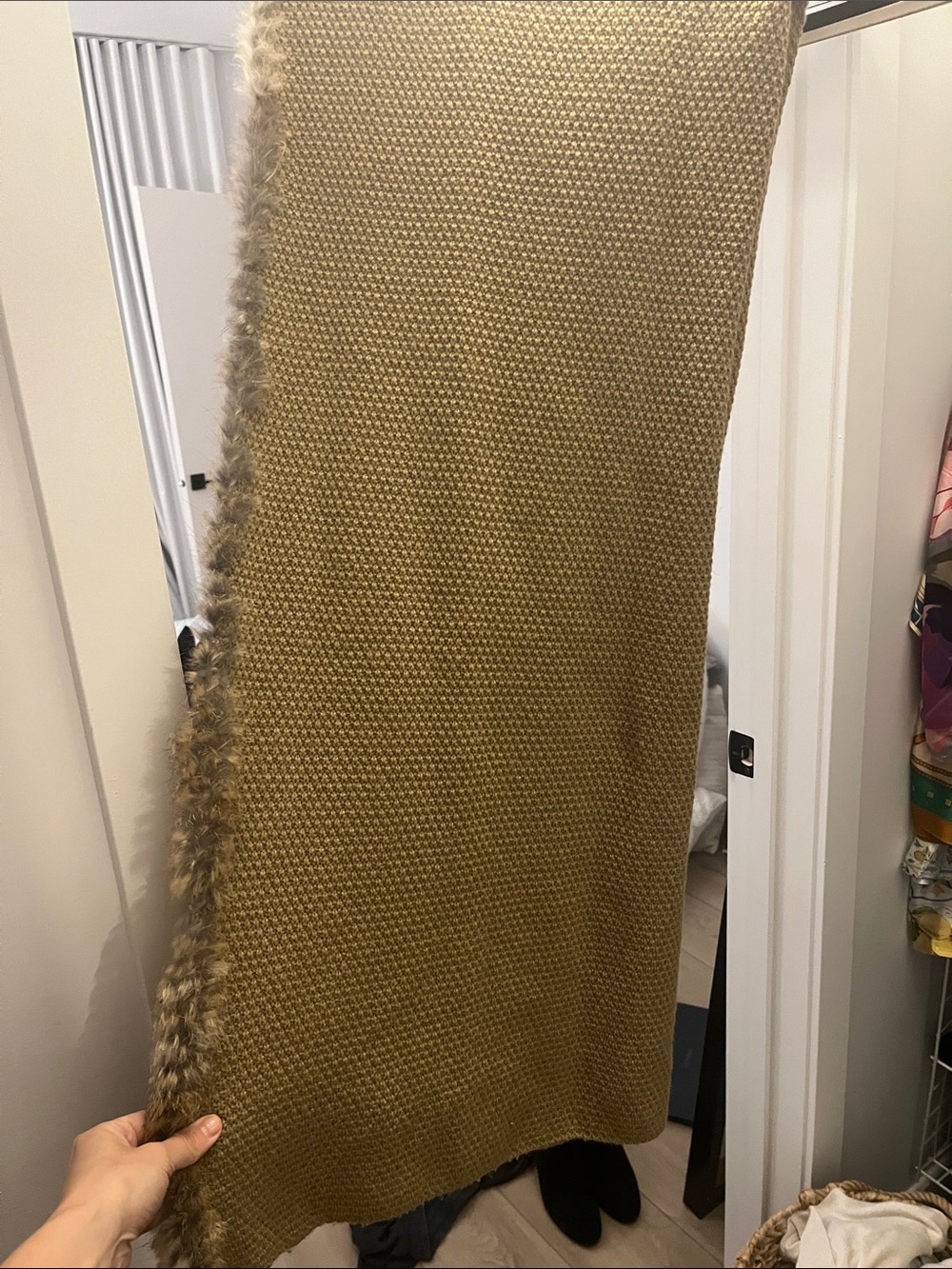 RUDSAK Camel Knit Scarf with Rabbit Fur Trim